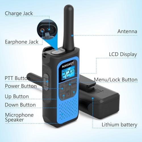 NXGKET Walkie Talkies for Kids Adults, Rechargeable Long Range Walky Talky 2 Way Radios 22 Channels with Li-ion Battery USB-C Cable for Family Toys Gift Camping Hiking 2 Pack — view 6