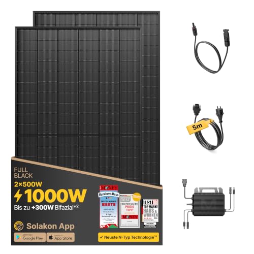 Solakon 1000W Balkonkraftwerk - Balkonkraftwerk 800W komplett Steckdose - neuester 800 Watt Wechselrichter - Solaranlage Komplettset, 500W bifaziale Solarmodule inkl Zubehör - 5m Kabel, Ohne Halterung