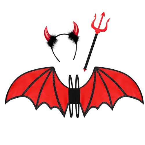 quescu 3pcs Devil Costume Set Devil Wings Devil Horn Headband Pitchfork for Halloween Dress Up Cosplay Accessories Party Favor