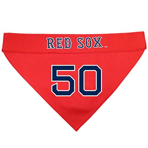 Image of Pets First MLBPA Reversible Dog Cat Bandana - Mookie Betts #50 Pet Bandana - MLB Boston Red Sox Home & Away Bandanna, Small /Medium