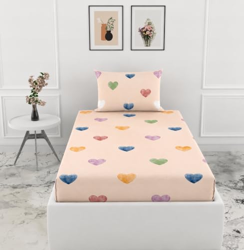 Image of VOMZER Single Size (36x72) 300 TC Soft Cotton Feel Microfiber All Around Elastic Fitted Single Bedsheet with 1 Pillow Cover | Dust Pink Heart