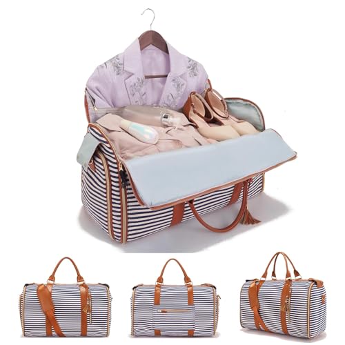 Garment Duffle Bags for Travel, Convertible Carry On Garment Bag, Foldable Garment Duffle Bag, Large PU Leather Duffle Bag for Women, Waterproof Garment Bags for Travel with Shoe Pouch-Blue&Brown