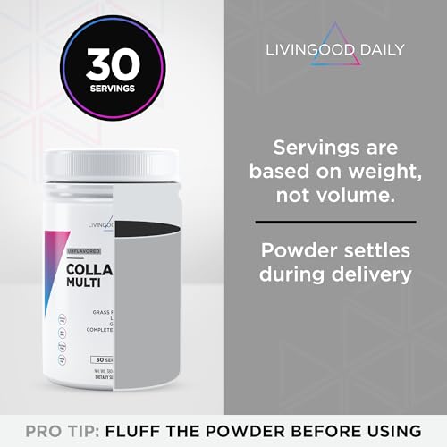 Livingood Daily Collagen Powder for Women & Men, Unflavored, Grass Fed Hydrolyzed Collagen Peptides, Protein & Multivitamins for Healthy Hair, Skin & Nails, Keto & Paleo, Gluten Free, 30 Servings