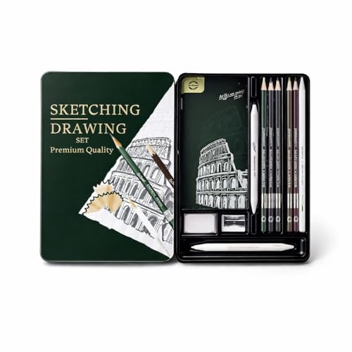 Kit Lápis de Desenho Profissional 11 Peças com Estojo Portátil, Lápis Artísticos, Borrachas e Acessórios para Artistas e Estudantes Linha Super Premium