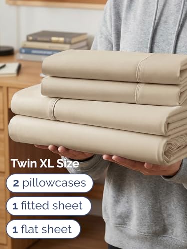 Image of Extra Deep Twin XL Sheet Set - 4 Piece Breathable & Cooling Sheets - Cream | Hotel Luxury Bed Sheets Set, Easy & Secure Fit, Ultra-Soft, Wrinkle & Fade Free, Comfy Sheets Set with Extra Deep Pockets