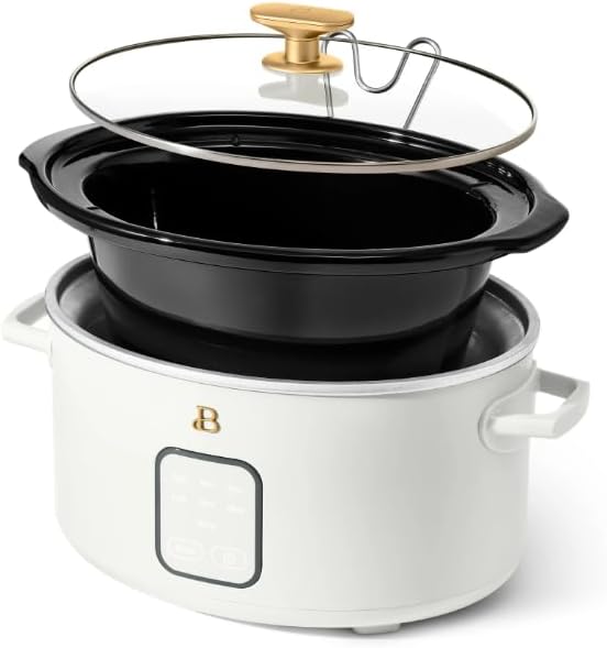 4-Quart Slow Cooker with Touch-Activated Display by Drew Barrymore, Programmable Digital Controls, Removable Ceramic Pot, Keep Warm Setting, Modern Sleek Design (White Icing)