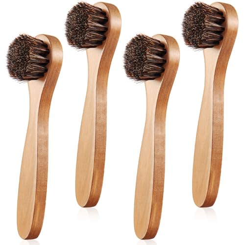 Image of 4 Pcs Horsehair Shine Shoes Brush Kit Polish Dauber Applicators Cleaning Leather Shoes Boots Care Brushes Suede Cleaner Brush with Microfiber Shoe Cloth(Wooden Handle A)