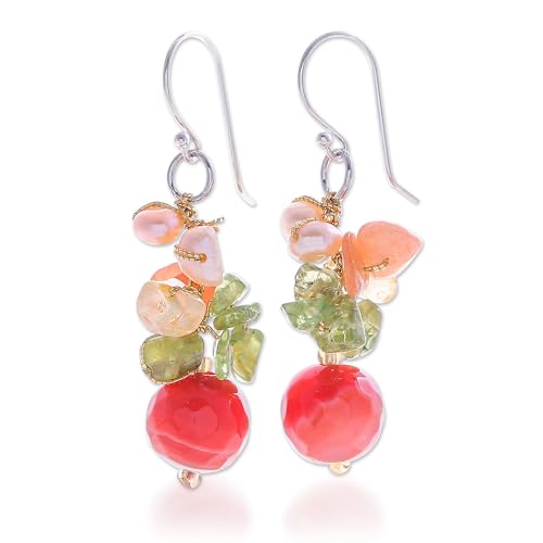 NOVICA Artisan Handcrafted Citrine Cluster | Pearl Beaded | Sterling Silver | Multi Color Gem | Natural Gemstone | Bouquet Earrings