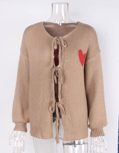 Image of Women's Tie Cardigan Sweaters Long Sleeve Chunky Knit Big Cute Heart Sweater Coats Khaki Large