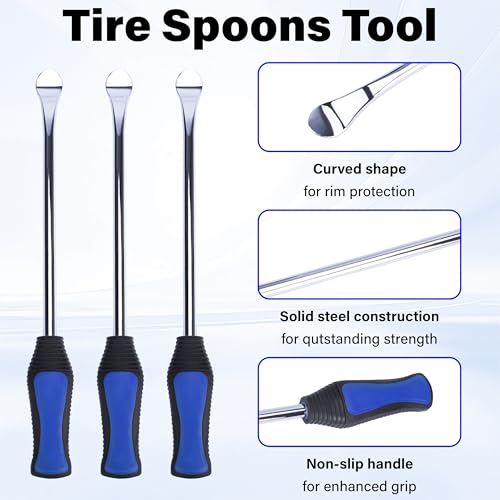 Image of 12.2 Inch Tire Spoons, Dirt Bike Tire Changing Tools, Tire Changing Kit, Tire Removal Tool, with Rim Protector, Valve Tool, Valve Cores and Caps, for Motorcycle /Lawn Mower /Tractor /Bicycle (Blue)