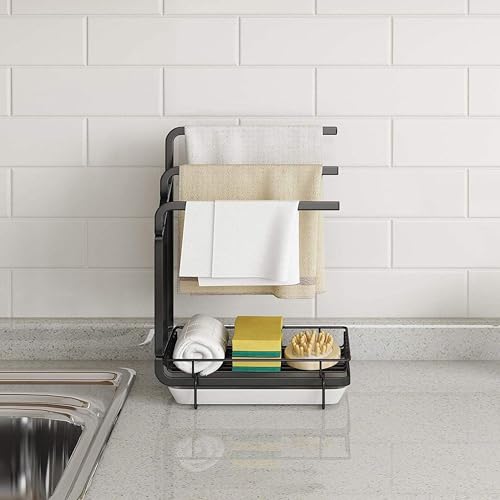 Image of Kitchen Sink Organizer with Towel Holder | Rustproof Stainless Steel Countertop Storage for Sponge, Soap & Dishcloth | Removable Drip Tray