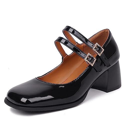 Sungtin Mary Jane Shoes Women Classic Block Heels Closed Toe Chunky Heels for Women Adjustable Double Buckle Casual Office Dress Shoes