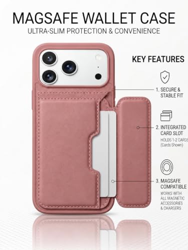 Image of amazon basics Luxury Vegan Leather Back Cover for iPhone 17 Pro Max | Built-in Card Holder Slot | Integrated Mobile Stand | Slim Shockproof Protective Case with Stitched Finish - Pink