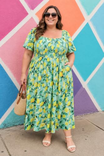 Image of RITERA Plus Size Dresses for Curvy Women Square Neck Short Sleeve Summer Floral Smocked Maxi Dress with Pocket XL-5XL
