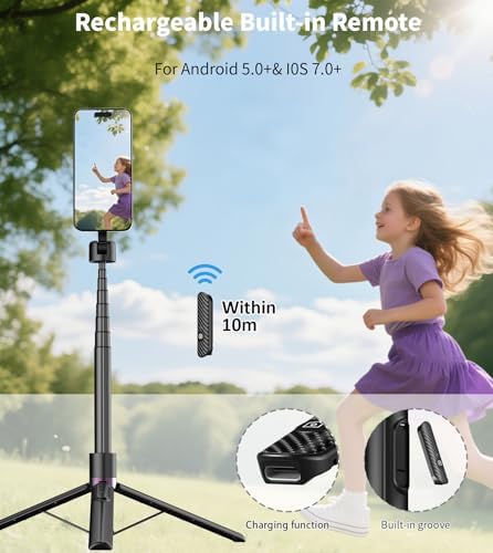 TONEOF 68" Magnetic Selfie Stick Tripod with Aluminum Strong Magnetic Holder for Magsafe, 360° Rotatable Travel Phone Tripod Stand with Metal Ring & Rechargeable Remote for iPhone/Android(Black) - 2