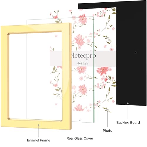 Image of eletecpro 4x6 Enamel Picture Frame Set of 2 with Real Glass Cover, Cute Photo Frame with Gold Metal Edge, Horizontal and Vertical Display Pictures 4 by 6 for Tabletop and Wall Decor, Yellow