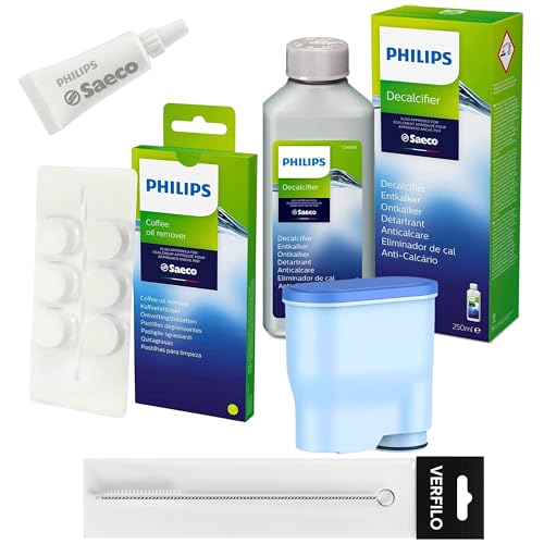 Wartungsset für Philips Kaffeemaschinen - 250 ml Entkalker CA6700 HD5061 Schmierfett CA6704/10 Kaffeeentfetter + VERFILO Ersatzwasserfilter für CA6903 Reinigungsbürste VERFILO