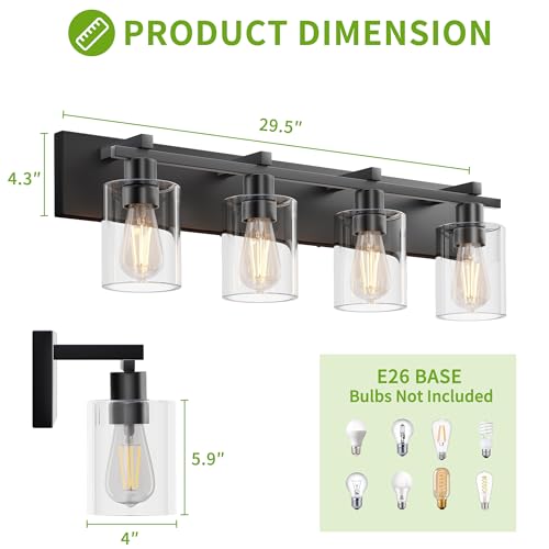 Image of Bathroom Vanity Light,4 Light Matte Black Light Fixture with Thickened Clear Glass Shade, 30 inch Modern Wall Sconce, Bathrooms Vanity Light Over Mirror for Bathroom