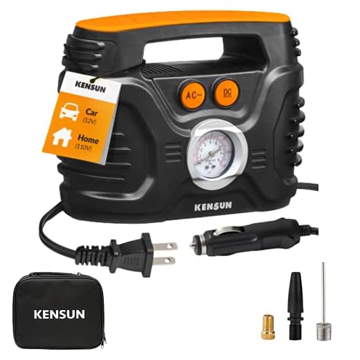 Kensun AC/DC Power Supply Portable Air Compressor Pump with Analog Display to 100 PSI for Home (110V) and Car (12V), Tire Inflator with Adaptors for Cars, Trucks, Bicycles, Balls