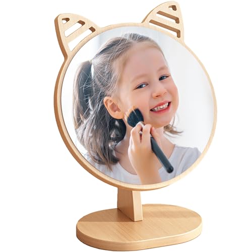 Gwezmxs Kleiner Schminkspiegel Stehend mit Holzrahmen Mädchen für Kinderzimmer & Badezimmer - 17x9.5x23cm