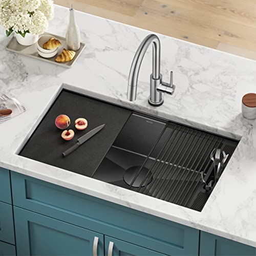 Delta-Rivet-32-Inch-Black-Stainless-Steel-Undermount-16-Gauge-Workstation-Kitchen-Sink-Single-Bowl-in-PVD-Gunmetal-Finish-with-WorkFlow-Ledge-and-Accessories-95B9031-32S-GS Delta Rivet 32 Inch Black Stainless Steel Undermount 16 Gauge Workstation Kitchen Sink Single Bowl in PVD Gunmetal Finish with WorkFlow Ledge and Accessories 95B9031 32S GS