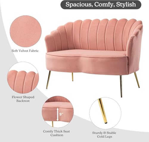 Image of Velvet 2 Seater Sofa Upholstered Loveseat Couch with Metal Legs Arm Backrest for Living Room Bedroom (Pink)
