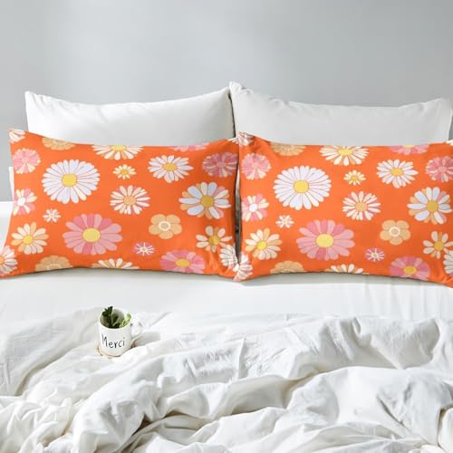Homemissing Super King 60s 70s Fashion Retro Bed Set Hippie Flower Duvet Cover Retro Bohemian Plant Flower Comforter Cover Set Plant Flower Orange Set Comforter Cover Set - Image 4