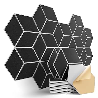 Dailycooper 12-Pack Self-Adhesive Acoustic Panels 12" x 10" x 0.4" High-Density, Flame-Resistant Soundproof Foam. Absorbs Noise and Eliminates Echoes, Hexagonal 3D Design(BlackFace)