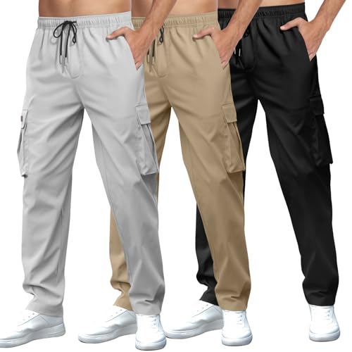 Mancozy 3 Pack Men's Athletic Cargo Pants Loose Fit Straight