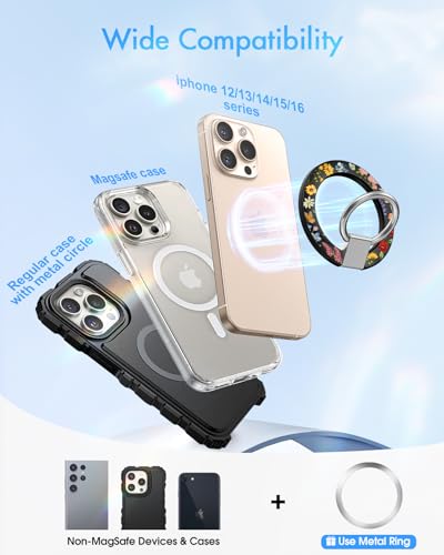 Image of Toycamp Phone Grip Ring Holder Compatible with MagSafe - Magnetic Phone Grip Stand Women Cute Painting Removable Rotatable Magnet Accessories for iPhone 17 Pro Max /16 /15 /14 /13 /12 Series, Floral Flower