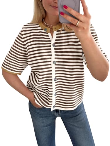 Saodimallsu Womens Short Sleeve Cardigans Lightweight Striped Button Down Crew