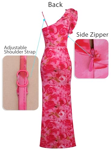 Image of VFSHOW Womens Formal Prom Elegant Ruffle One Shoulder Beaded Strap Ruched Slit Maxi Dress Wedding Evening Long Gown