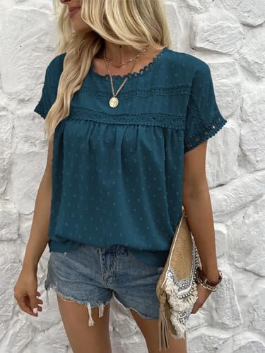 Poetsky Womens Summer Short Sleeve Lace Crochet Blouses Flowy Babydoll Dressy Casual Work Tops3