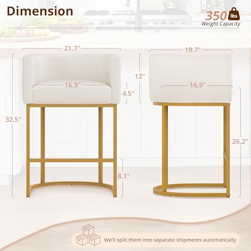 Image of LUE BONA Counter Height Bar Stools Set of 2, Modern Barrel Counter Stools with Backrest and Arms, Gold Metal Frames, Linen Fabric Upholstered Accent Barstools for Kitchen Island, Beige