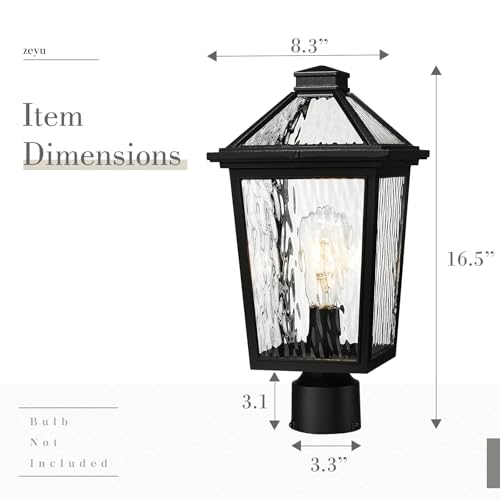 Image of zeyu 16.5 Inch Large Post Lights, Post Lamps Outdoor for Garden Porch, Die-Cast Aluminum with Water Ripple Glass, Black Finish, ZX58MP-SW BK