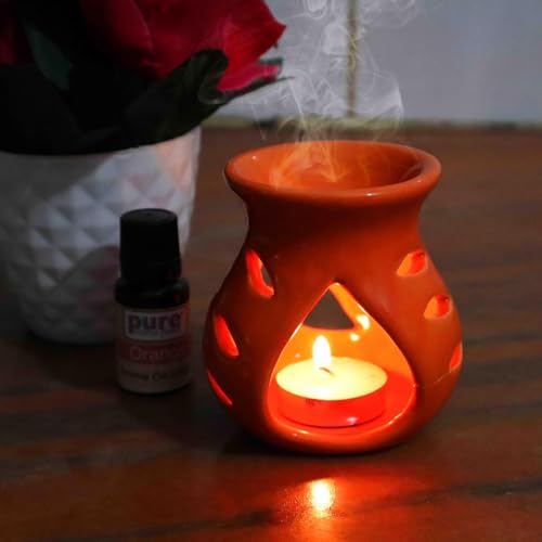 Image of Pure Source India Ceramic Aroma Oil Diffuser Gift Set with 10ML Relaxing Oil & Tealight Candles | 97 Burner for Home Fragrance & Relaxation | Ideal for Gifting & Home Decor (Orange)