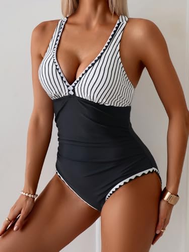 Image of B2prity One Piece Swimsuit for Women Tummy Control Ruched Bathing Suit Push Up Tie Back Swimwear Shell Stitched