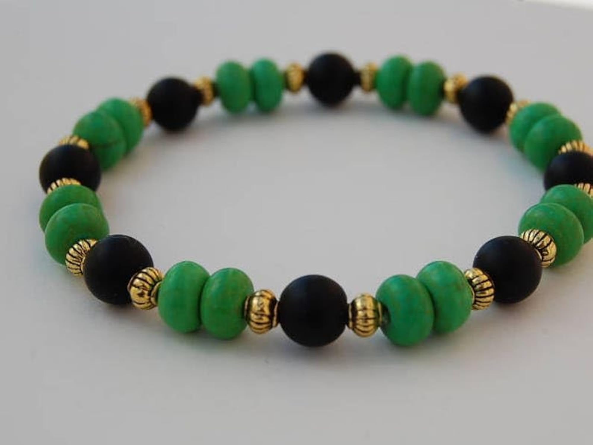 Natural Green Turquoise & Matte Onyx Beaded Stretchable Bracelet, Unisex
