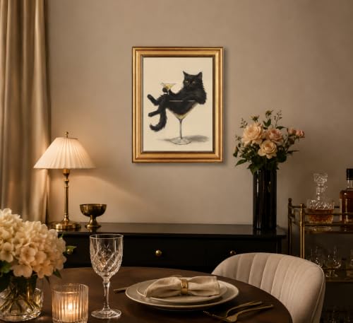 Image of Gold Framed 3D Textured Wall Art, Vintage Black Cat Martini Canvas Prints, Whimsical Cat Cocktail Pictures Decor, Humorous and fashionable Animals Gallery Artwork for Bathroom Home Bar 11x9 in