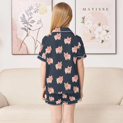 Cute Simple Pigs Pattern Summer Satin Pajama Set, Cute Button-Down Sleepwear Pj Set for Sleep Wears4