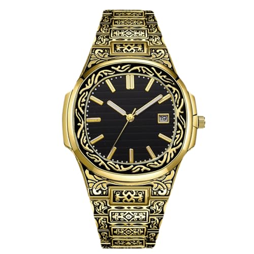 RORIOS Islamic Calligraphy Watch for Men Stainless Steel Band Date Display & Ornate Engraved Dial Religious Fashion Dress Watches Black Gold
