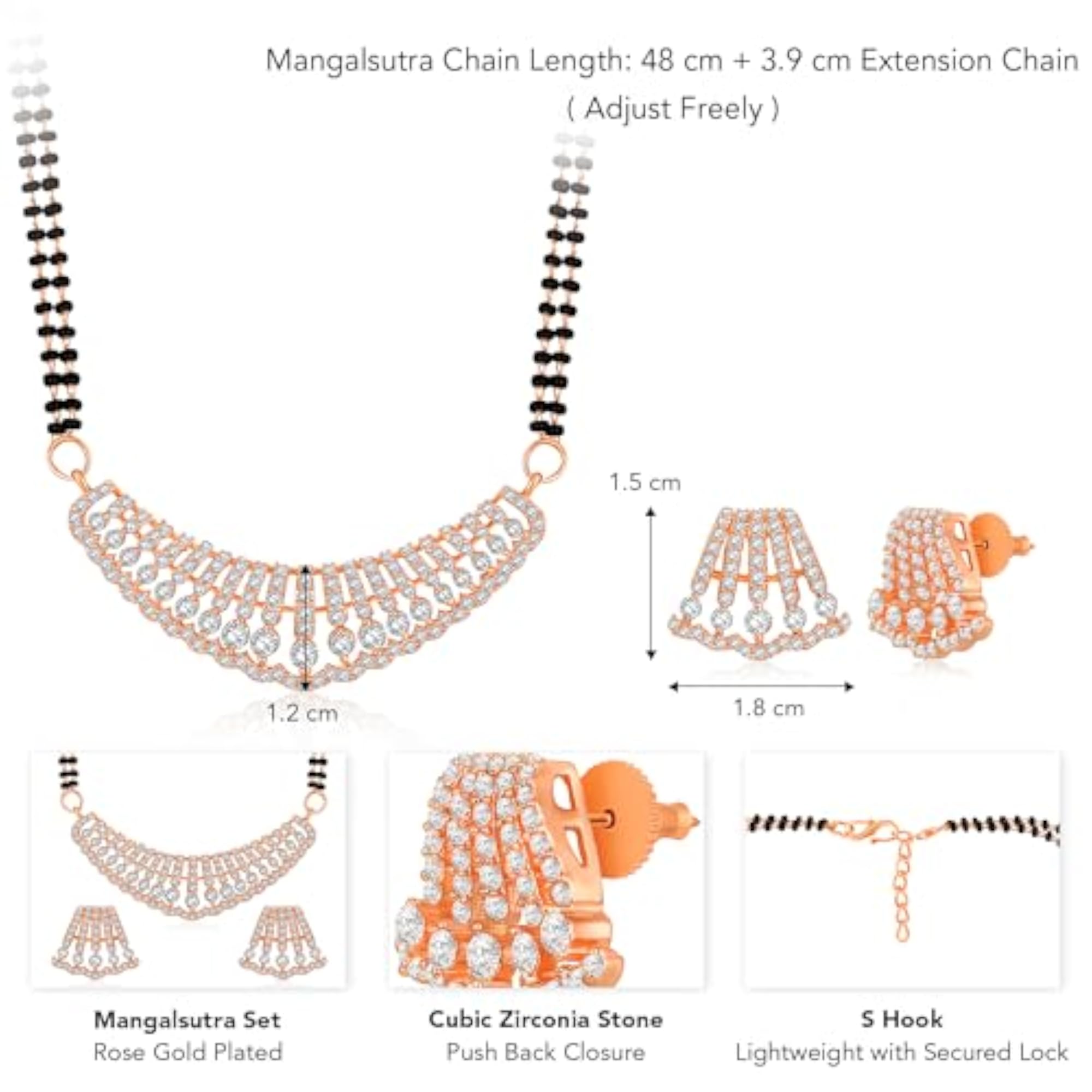 Women's Plated Cubic Zirconia Studded Pendant Mangalsutra Stud Earring Set