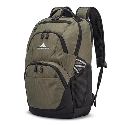 Image of High Sierra Swoop Backpack, Lightweight Bookbag, Large Main Compartment + External Accessory Pockets, Separate Laptop Pocket, Dual Water Bottle Pockets, Fits most 17 inch Laptops, 30L Capacity, Olive