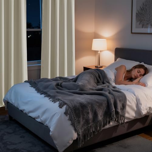 Image of RYB HOME 100% Blackout Short Curtains for Small Window, Thermal Insulated Noise Reducing Back Tab Curtains for Nursery Bathroom Basement, 42 inches Wide by 54 inches Long, Natural