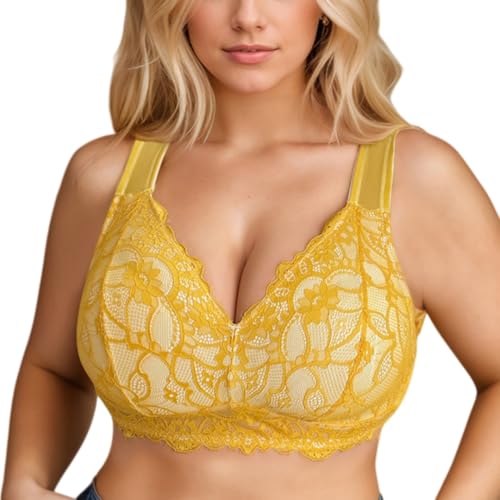 YUYUTulips Sujetador Minimizador Mujer Cobertura Total Sin Varillas Tallas Grandes Sujetador Levantante Encaje Floral Confort para Pecho Pesado (Amarillo Limón,XL)
