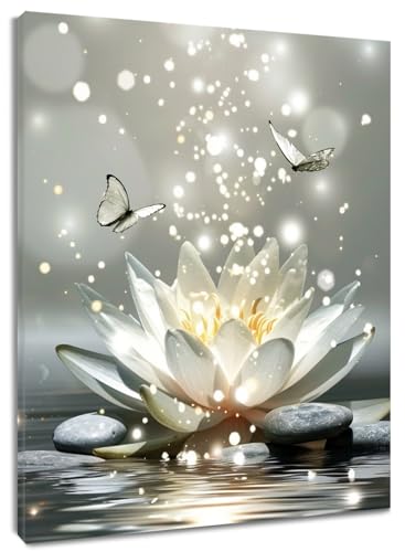 LB Décoration Murale Spa Zen Gris Poster Mural Fleur de nénuphar blanc avec papillon Toile Peinturen Yoga Détente pour Salon Cuisine Bain Chambre Bureau...