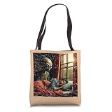 Alien Watching Sleeping Human Tote Bag