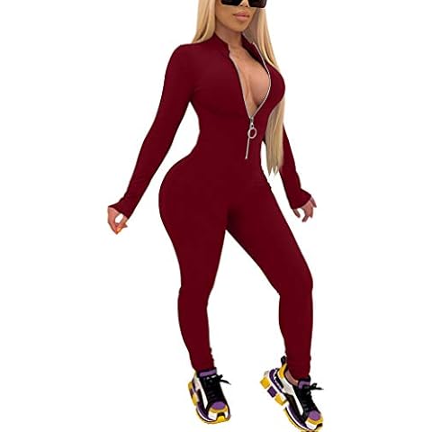 XXTAXN Women's Sexy Bodycon Long Sleeve V Neck Zipper Jumpsuit Rompers Winered Cover