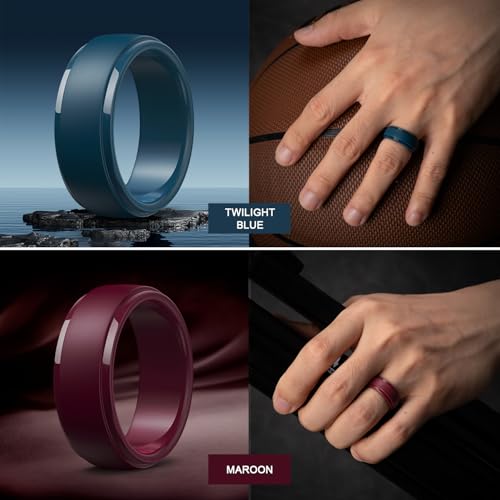 Image of Egnaro Men's Silicone Wedding Rings: Classic Black Step Edge Rubber band 10mm Wide 2.5mm Thick- Hypoallergenic for Gym /Outdoor /Gift(1 /4 /7 Variety Pack with Half Size)