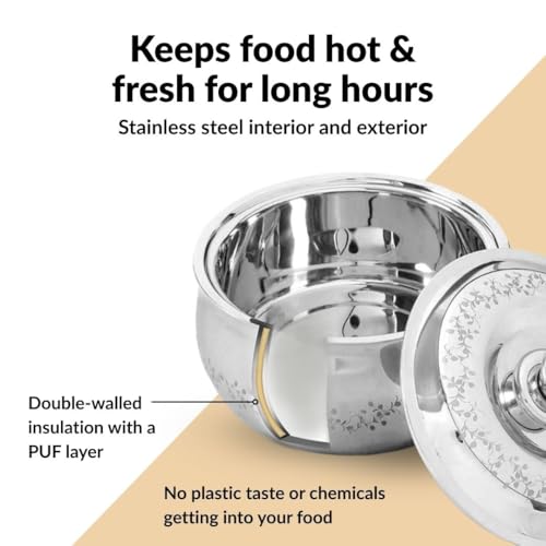 Image of Nestasia Stainless Steel Insulated Casserole with Lid (3000 ml) - 100% Food Safe Roti Server with Floral Pattern - Retains Heat & Freshness | Rust Resistant & BPA - Free Chapati Casserole